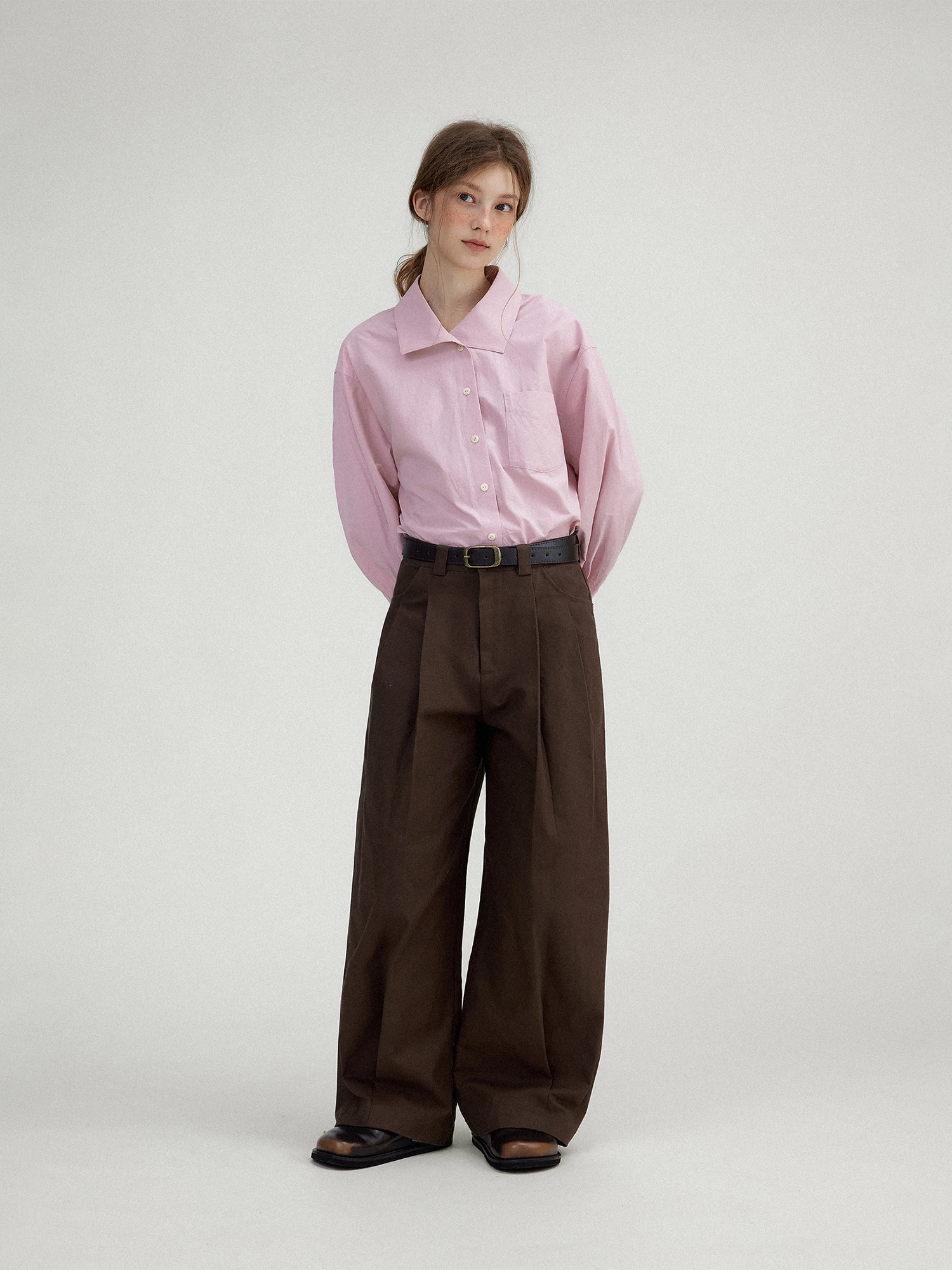 Retro Latte 00% Cotton Fce Women's Casual Pants High Waist Straight Leg Pleated Design Comfortable Loose Fit Long Trousers