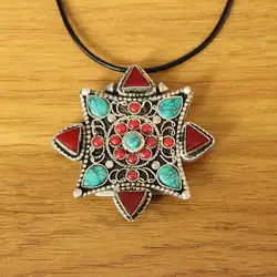 PN289 Vintage Tibetan Silver Metal Inalid Lapis Turquoises Colorful Stone Square Prayer Box Gau Pendant Necklace