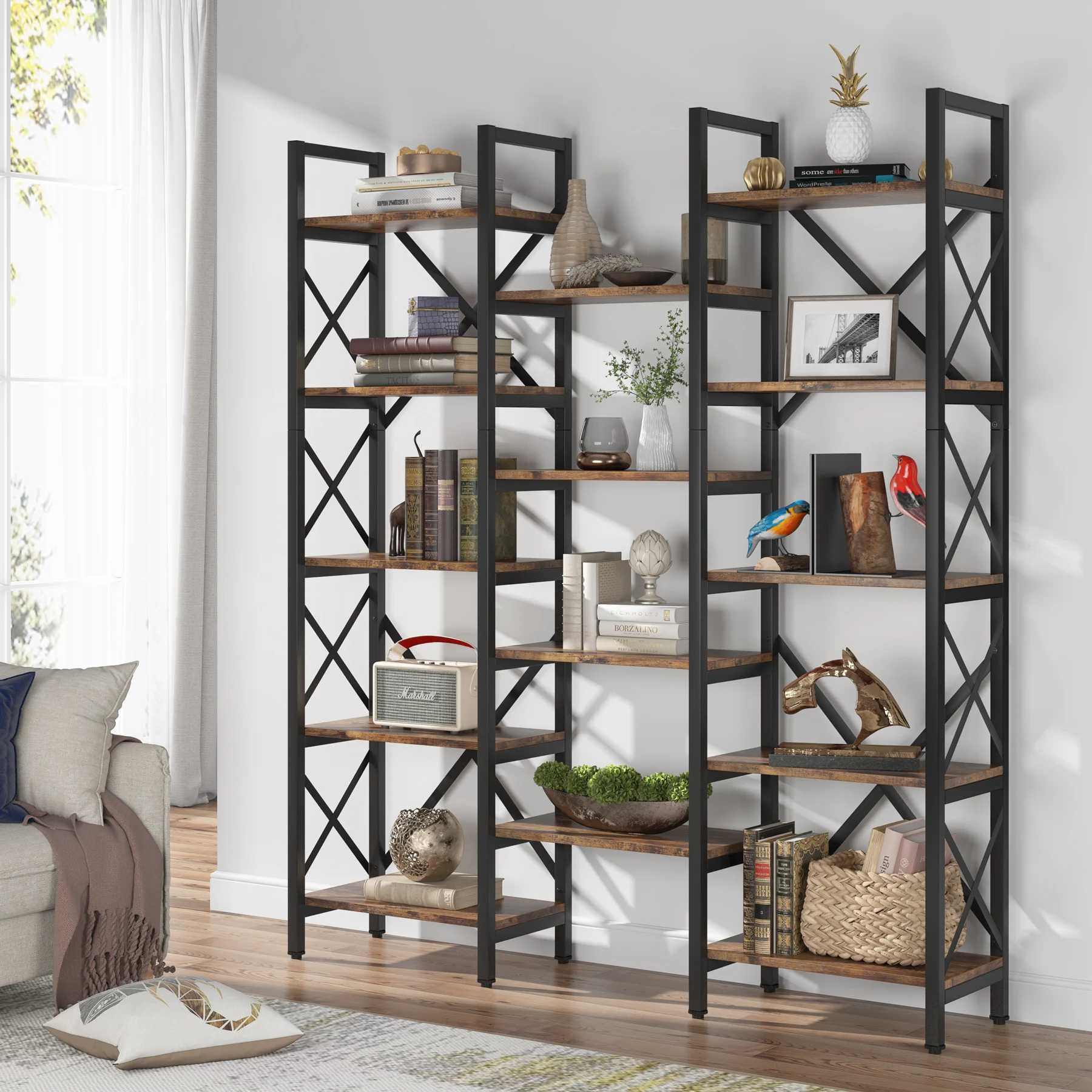 Tribesigns Triple Wide 5-Shelf Bookcase, Large Open Bookshelf Vintage Industrial Style Shelves Wood and Metal Bookcases