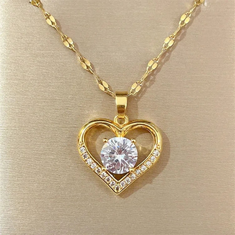 Artificial gems heart Pendant Chain for women Gold Titanium steel Necklaces Jewelry Gift for Girl