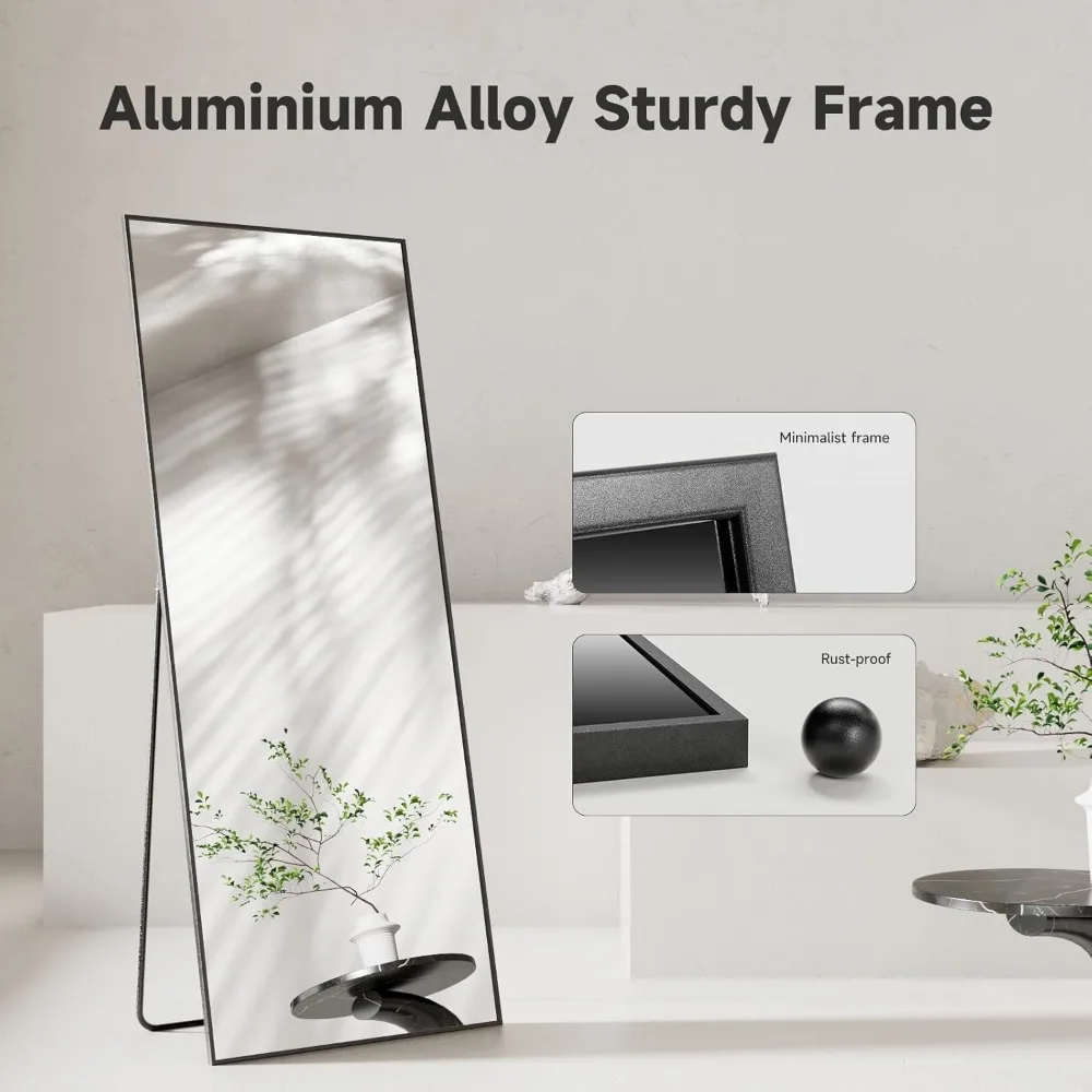 Rechteckiger Standspiegel mit schwarzem gehärtetem Glas, Wandspiegel aus Aluminiumlegierung in voller Länge für Schlafzimmer