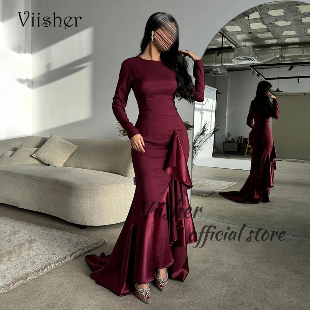 

Viisher Burgundy Mermaid Evening Dresses Long Sleeve O Neck Formal Prom Dress with Slit Train Arabian Dubai Evening Gowns