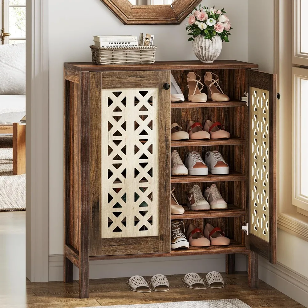 

5-Tier Shoe Cabinet with Doors, All-Wood Freestanding Shoe Storage Cabinet with Adjustable Shelves for Entryway, Hallway