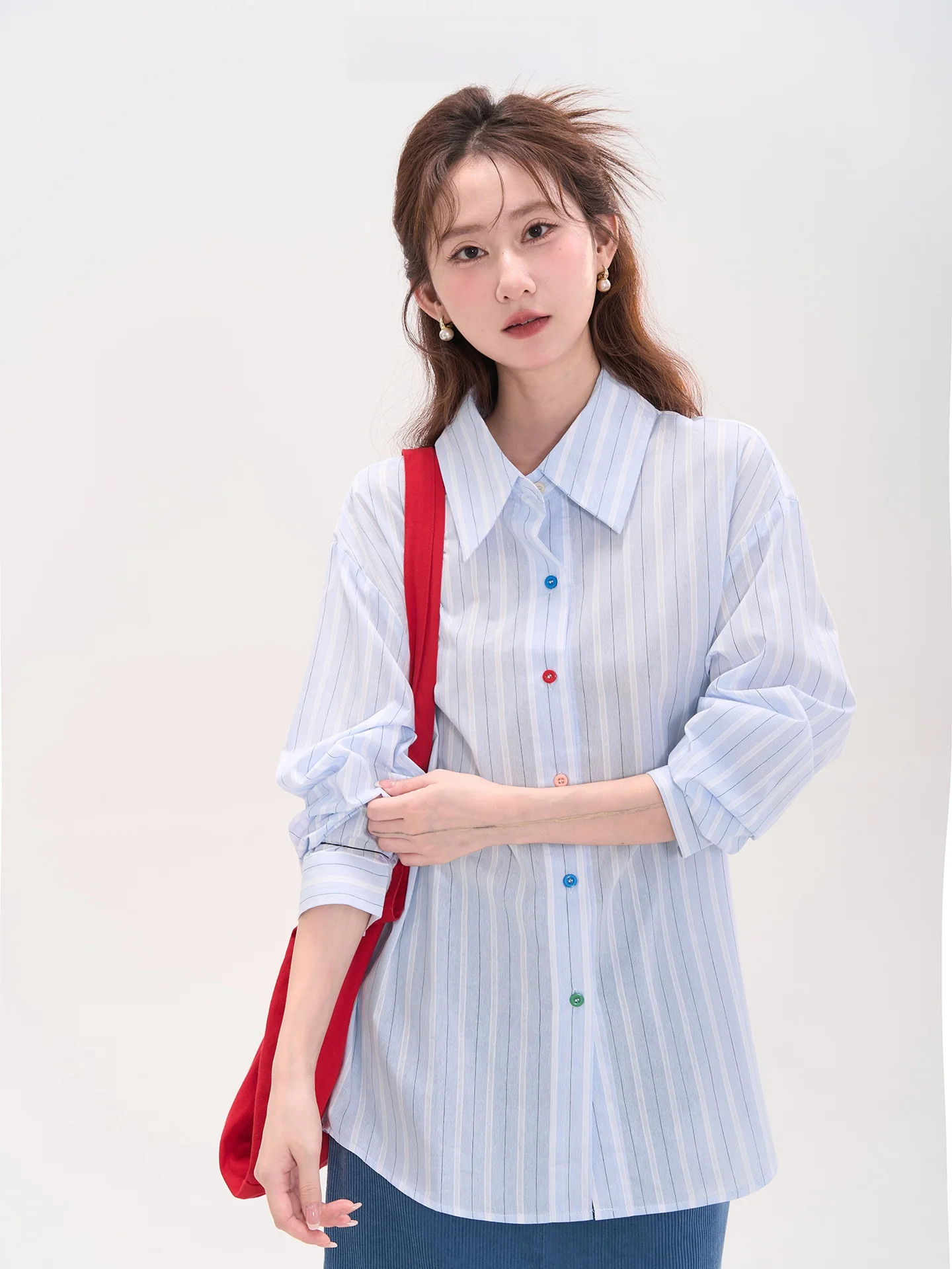 

Женская повседневная свободная хлопковая рубашка в полоску с длинным рукавом, дышащая, осенняя, модная, Heme Little Candy Bean