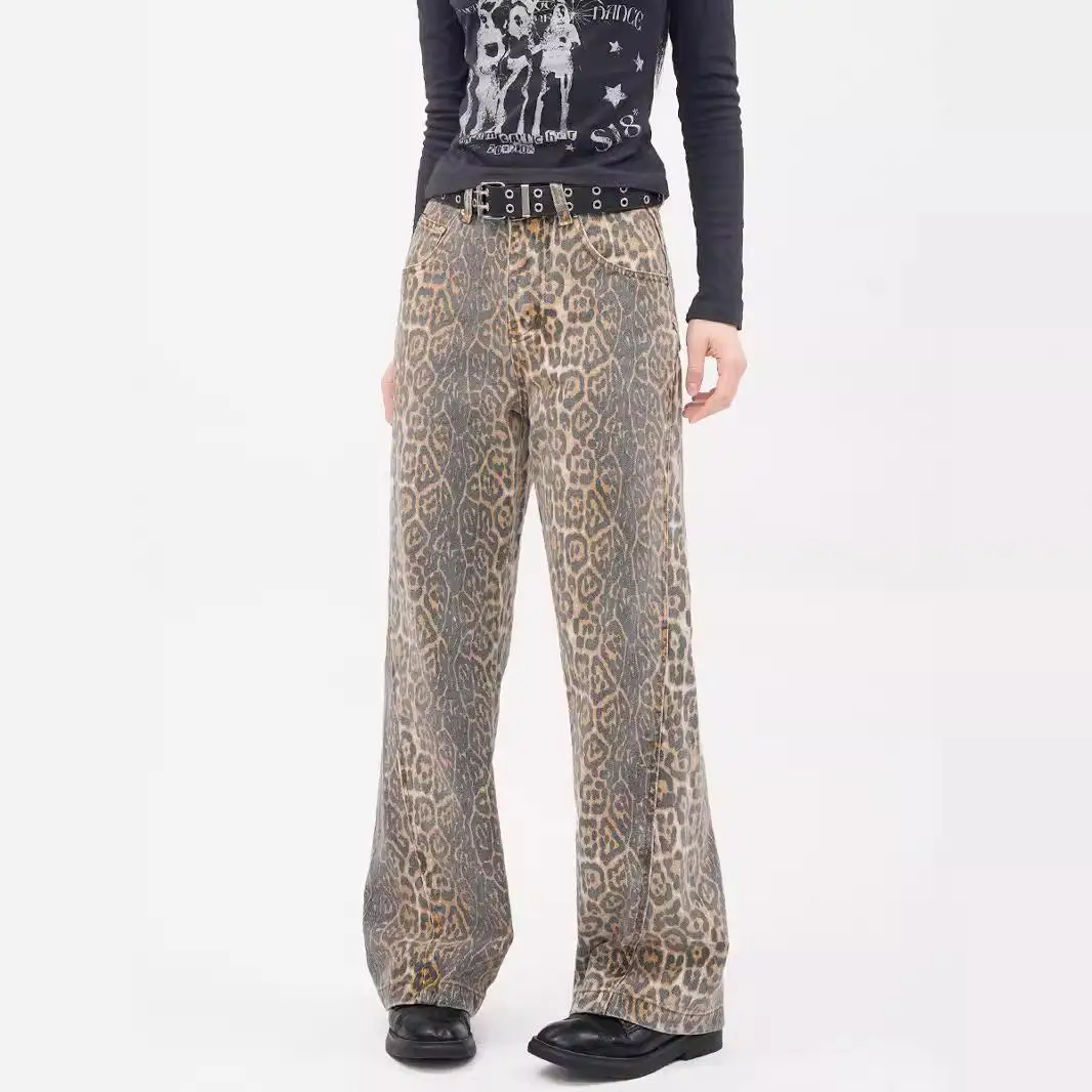 

Trendy American Leopard Print Jeans Women's Design Loose Wide Leg Straight Cut High Waist Denim Pants Fashionable Weathered Wash