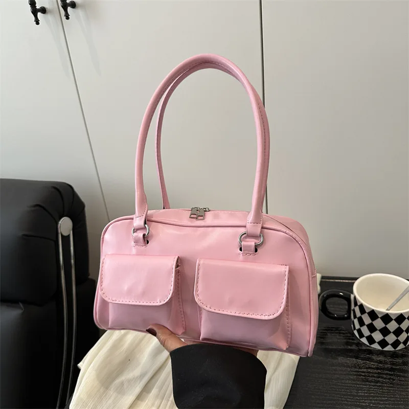 

Casual Double Pocket Design Women Shoulder Bags Commuter Large Capacity Ladies Armpit Bag Fashion Pure Color Female Handbags