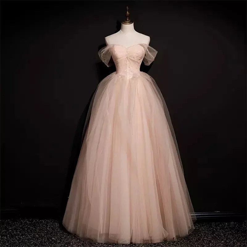 

Elegant Champagne Pink Prom Dresses Boat Neck Off Shoulder Detachable Sleeve Beading Pearl A-Line Graduation Evening Party Gowns