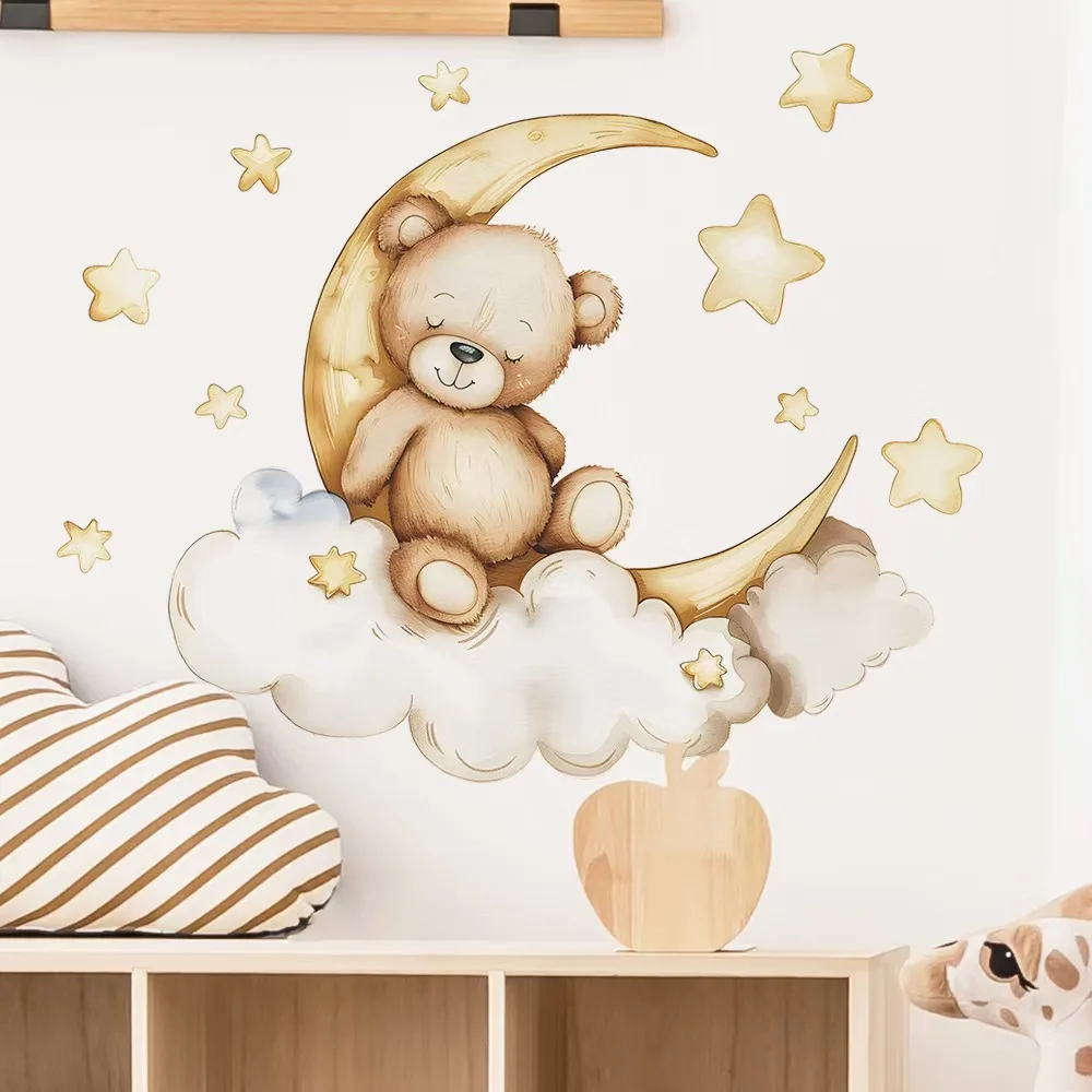 Cute Bear Moon Star Wall Stickers for Kids Rooms Girls Boys Baby Room Decoration Kawaii Cartoon Animal Nursery Wallpaper Vinyl