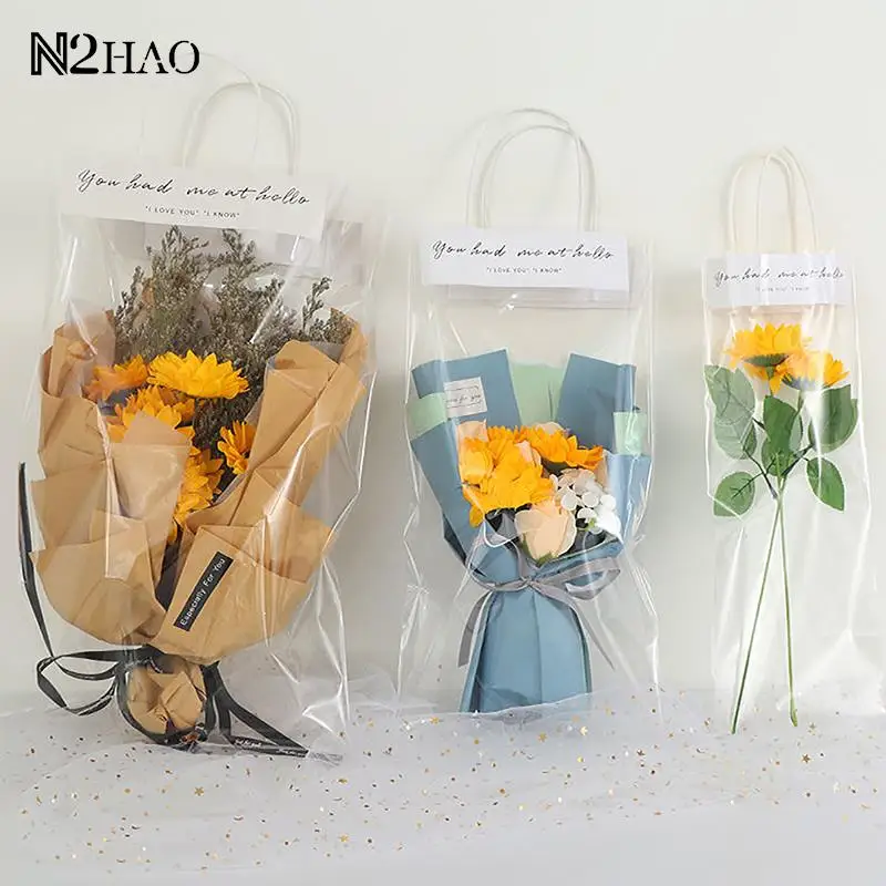 

10pcs Transparent PE Long Tote Bag Flower Packaging Flower Bouquet Bags Florist Decoration Celebration Party Gift Pouches