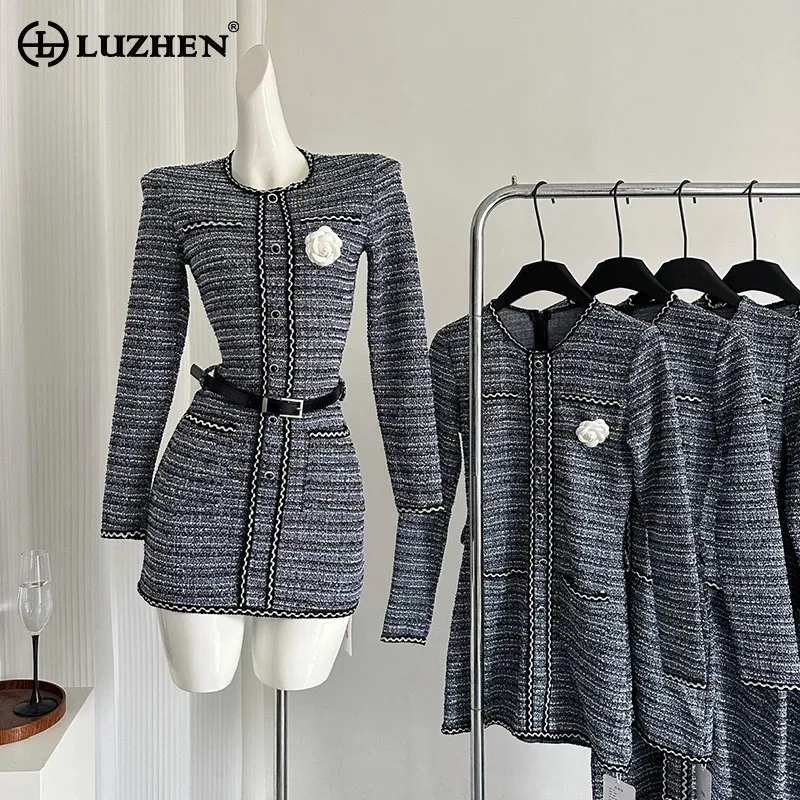 LUZHEN Luxury Elegant Stripe Slim Dresses Women's 2024 Autumn New Fashion High Quality Social Casual Long Sleeve Dress AA2543