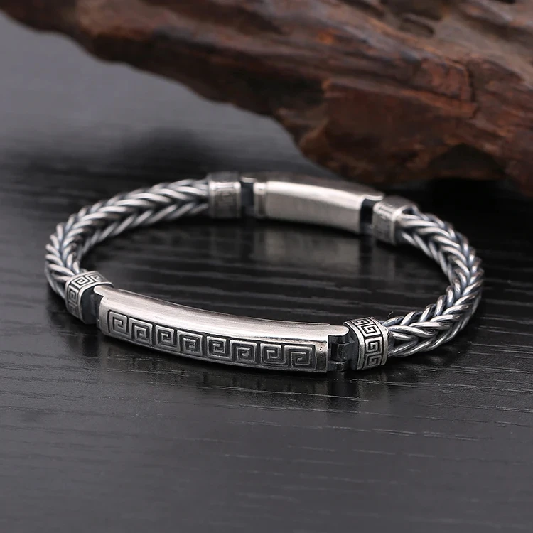 HX Silver 4mm/5mm Jewelry Men\'s Bracelet Personality Peace Pattern Retro Hipster Key Pattern Buckle Gift Accessory Chain Series