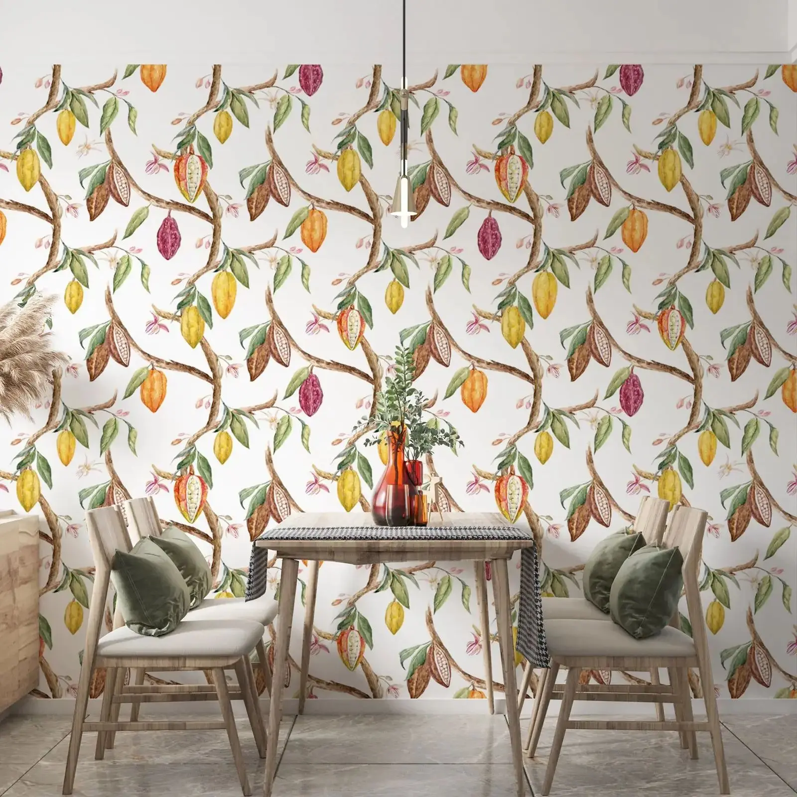 Cocoa on the Tree Wallpaper,Self-adhesive Retro Cacao Fruit Wall Mural For Home Decor,Peel & Stick Or Traditional Non-woven
