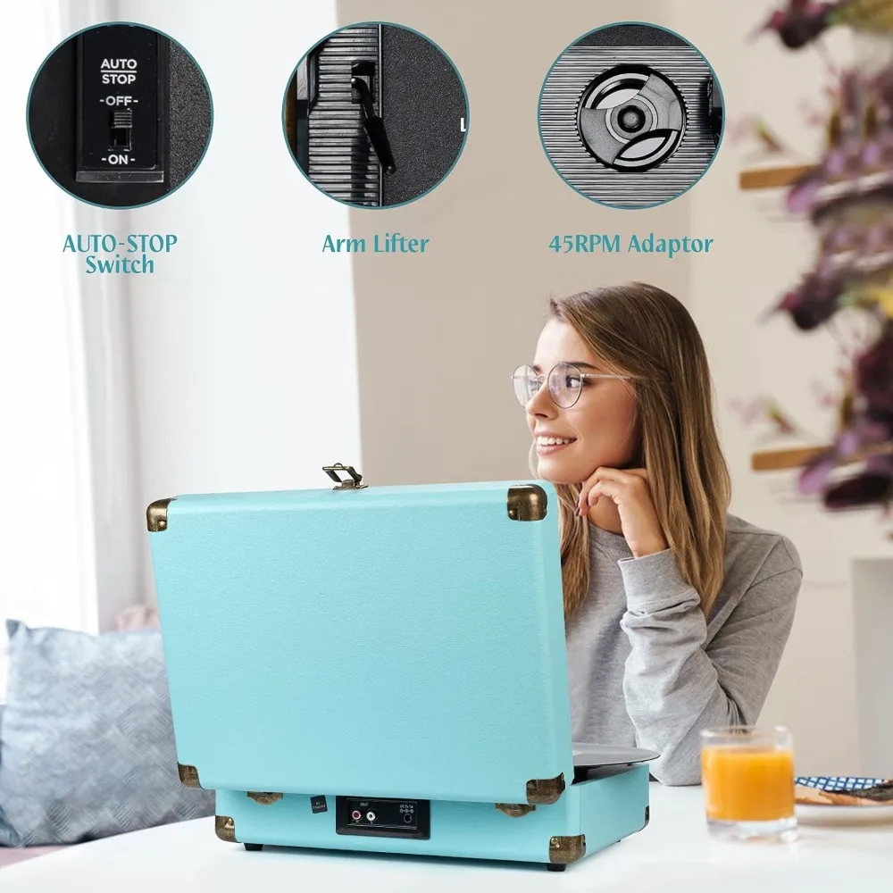 

Портативный проигрыватель виниловых пластинок с Bluetooth, 3 скоростями, встроенным динамиком, ременным приводом, разъемами RCA и AUX, а также разъемом для наушников