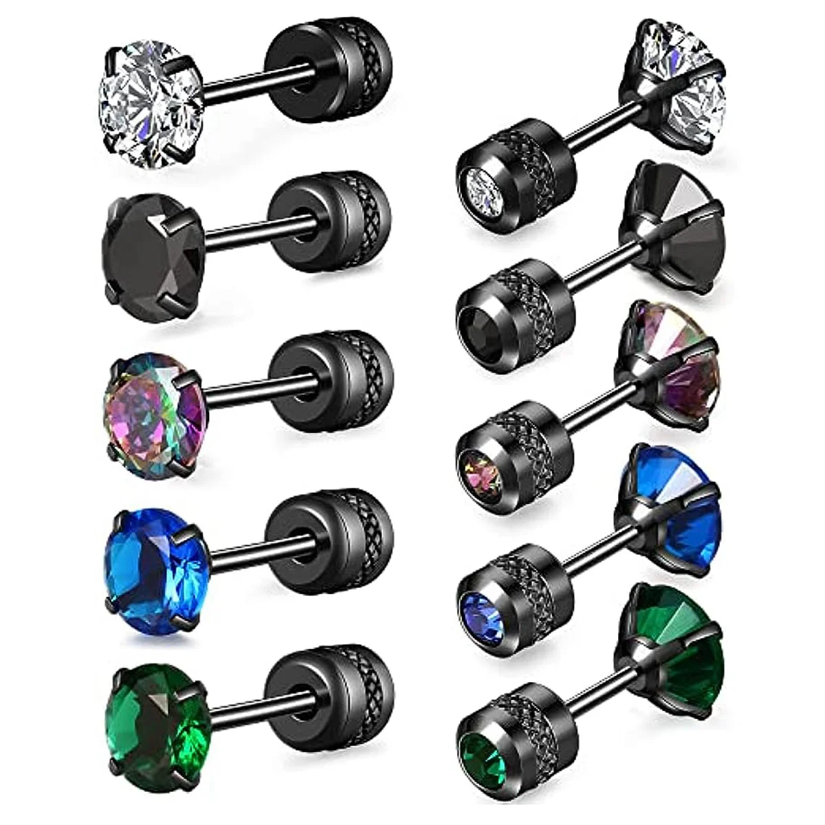 Glamorous Stainless Steel & Zircon Stud Earrings for Men – Hypoallergenic 5-Pairs Set, Durable & Versatile