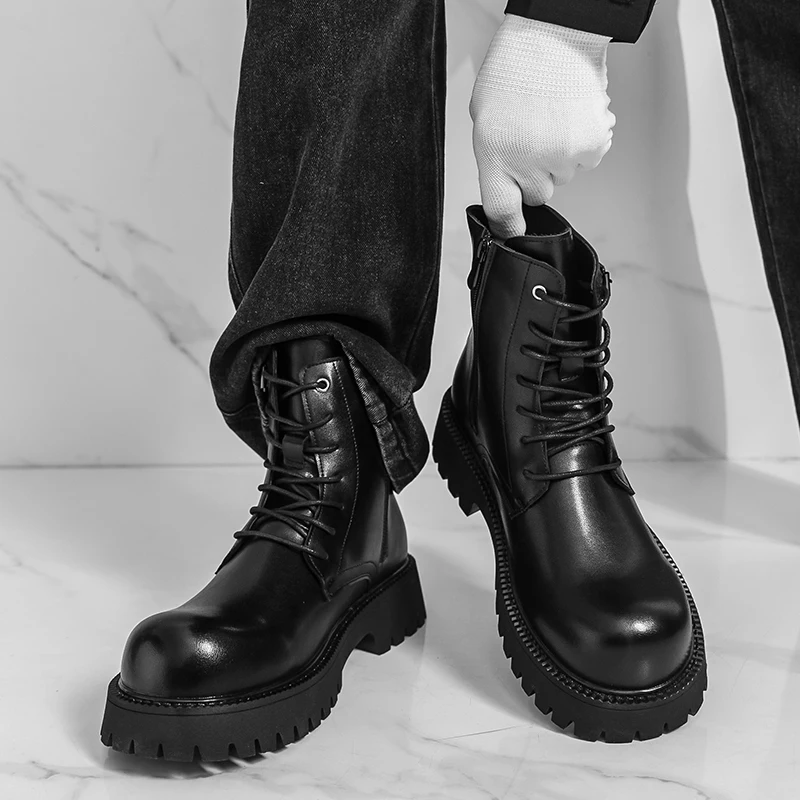 

Men High Top Boots PU Thick Sole Comfortable Non Slip Trendy Motorcycle Boots Daily Men Boots Sizes 38-46