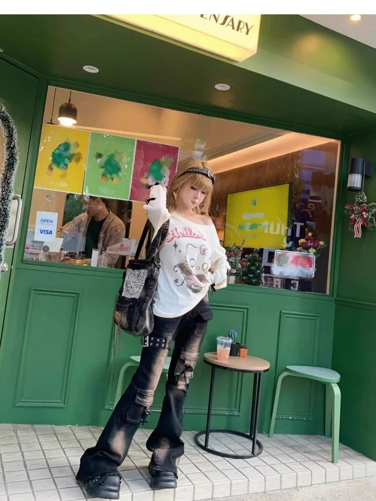 

Women Strap Design Black Micro Flared Skinny Jeans 90s Gothicism Denim Trouser 2000s Vintage Clothes Female Skinny Cargo Pants