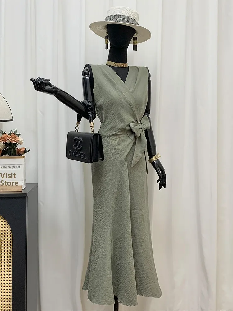 

Elegant High Waist Sleeveless Wrap Dress with Belt V-Neck Long Green Grey Dress by Pinno Summer Collection 2025