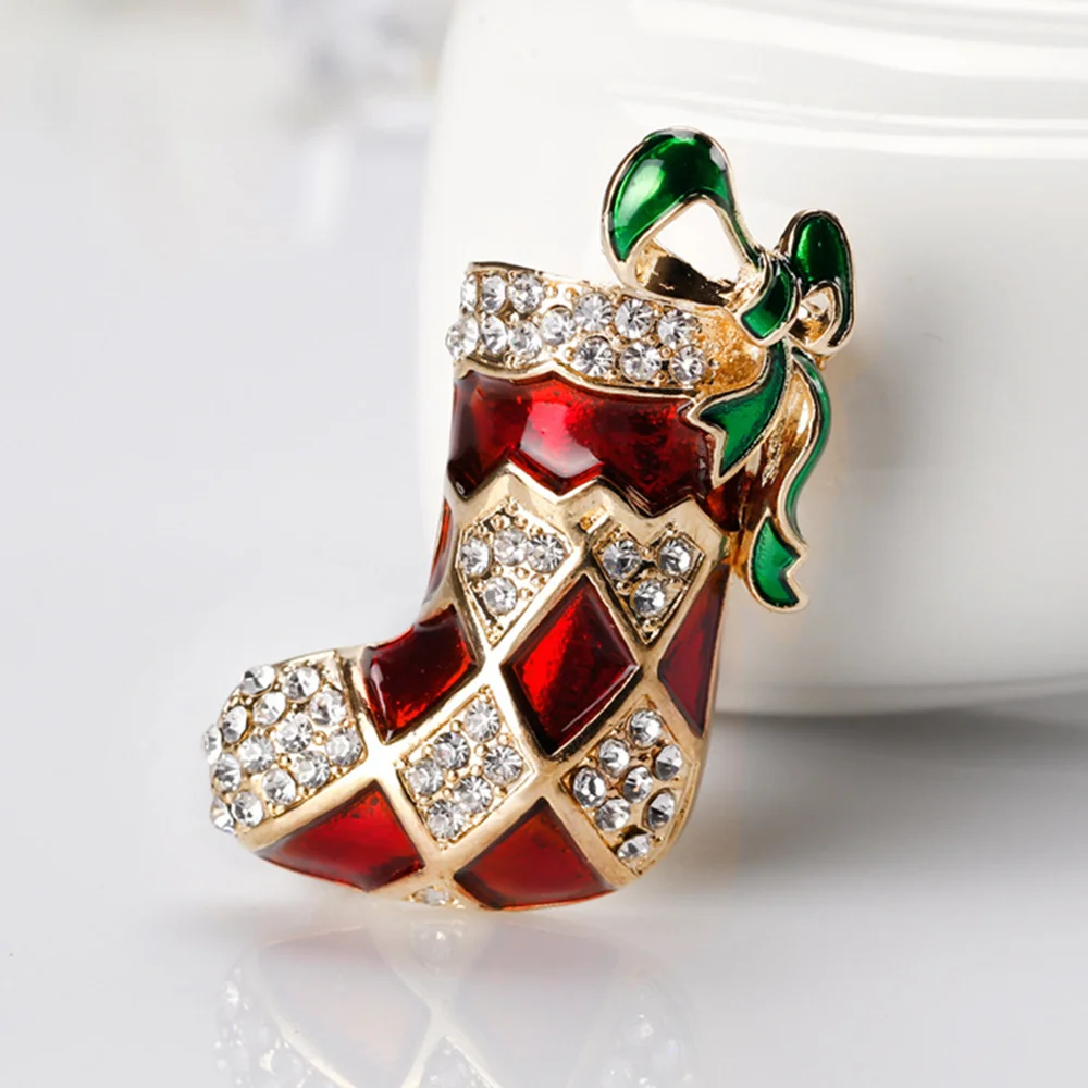 

Christmas Dripping Oil Bowknot CZ Red Socks Women's Brooch Fashion Zircon Metal Pins Jewelry Accessories For Women