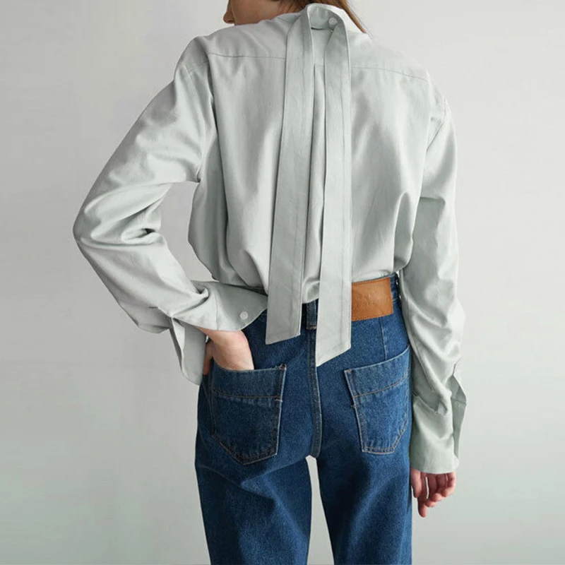 100% 코튼 시크 활 타이 여성 셔츠, 용수철 및 가을 디자인 스타일, 루즈한 스트레이트 숄더, 긴팔 사무실 여성 셔츠