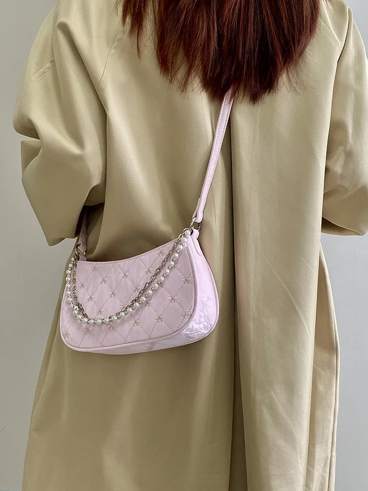 Embroidery Bow Pearl Women\'s Shoulder Bag Sweet Solid Colour Female Crossbody Bags Diamond Sewing Thread Ladies Commute Purses