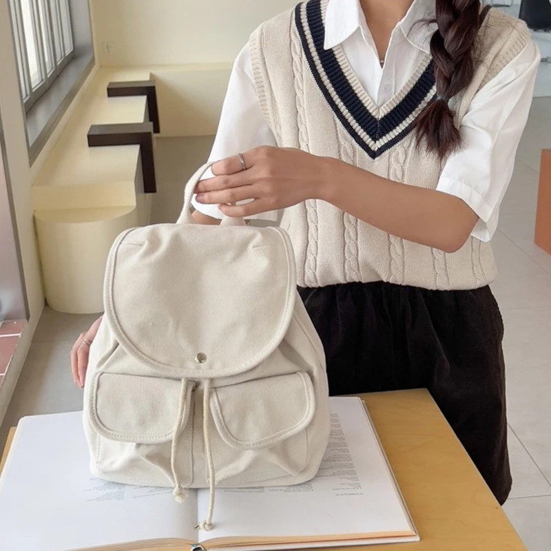 Summer Trendy Canvas Women Backpack Vintage Multi Pocket Travel Backpack Fashion Korean Drawstring Knapsack