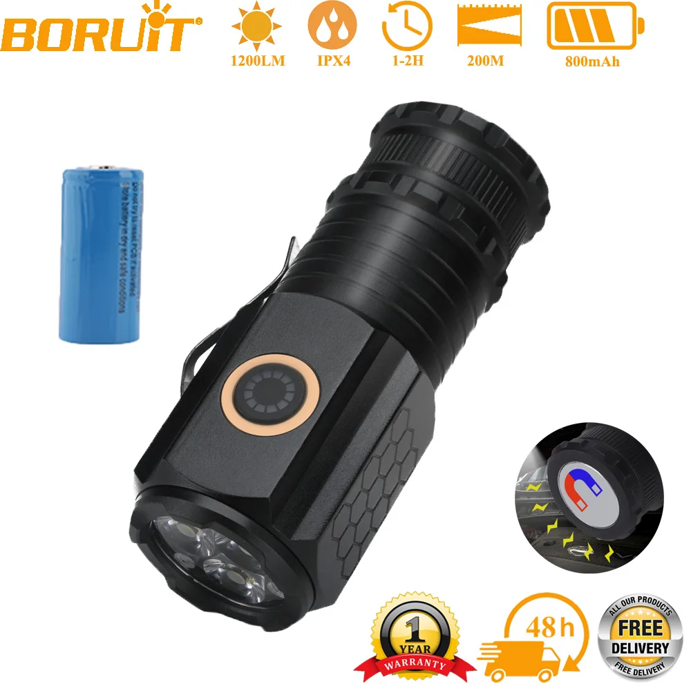 BORUIT Mini LED Flashlight 1200LM USB C Rechargeable Light 18350 Torch with Magnet Waterproof Camping Lantern Emergency Light
