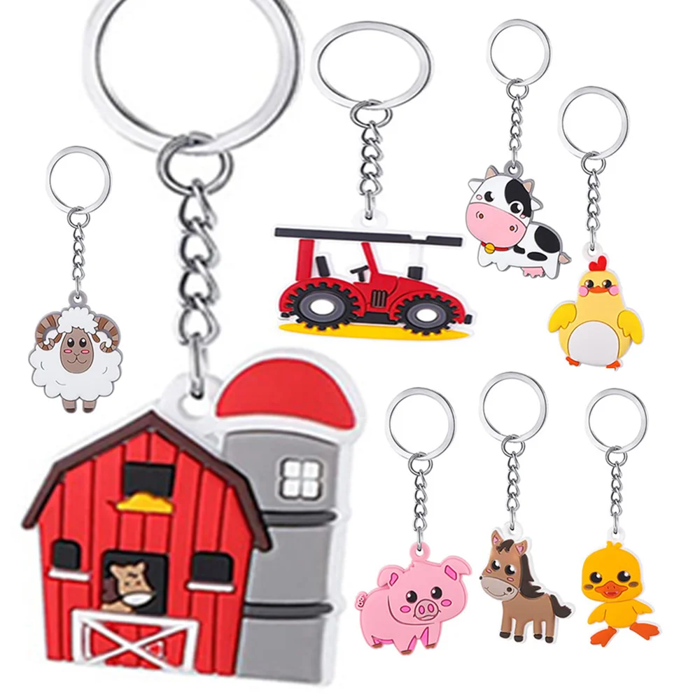 

8 Pack Farm Birthday Party Animal Keychains Favors Supplies Kids Bag Fillers School Carnival Rewards Baby Shower Cow Pig Tractor