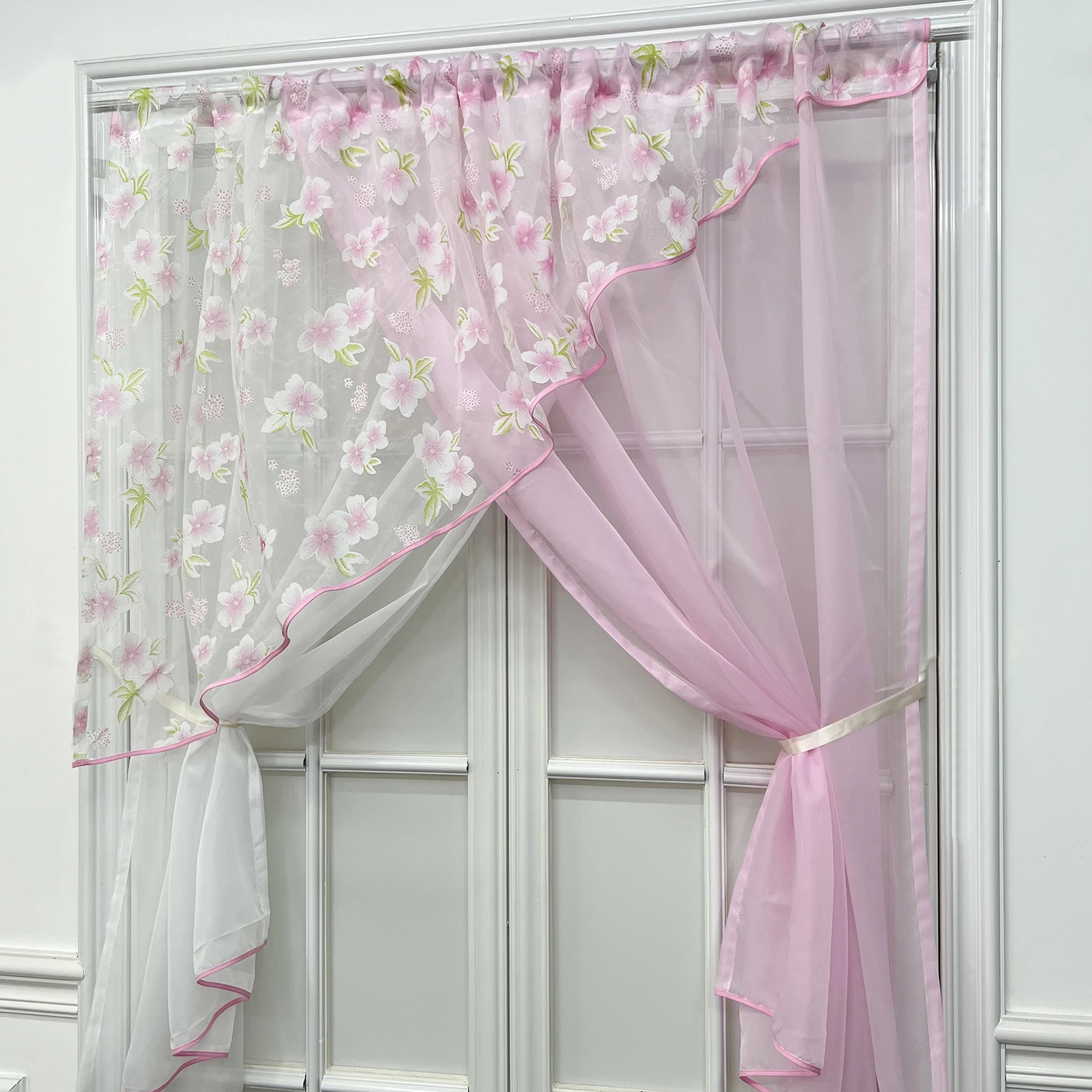 Unique Design Pink and White Cross Translucent Curtain, Pink Print Flower Kitchen Short Curtains For Living Room Farmhouse Decor