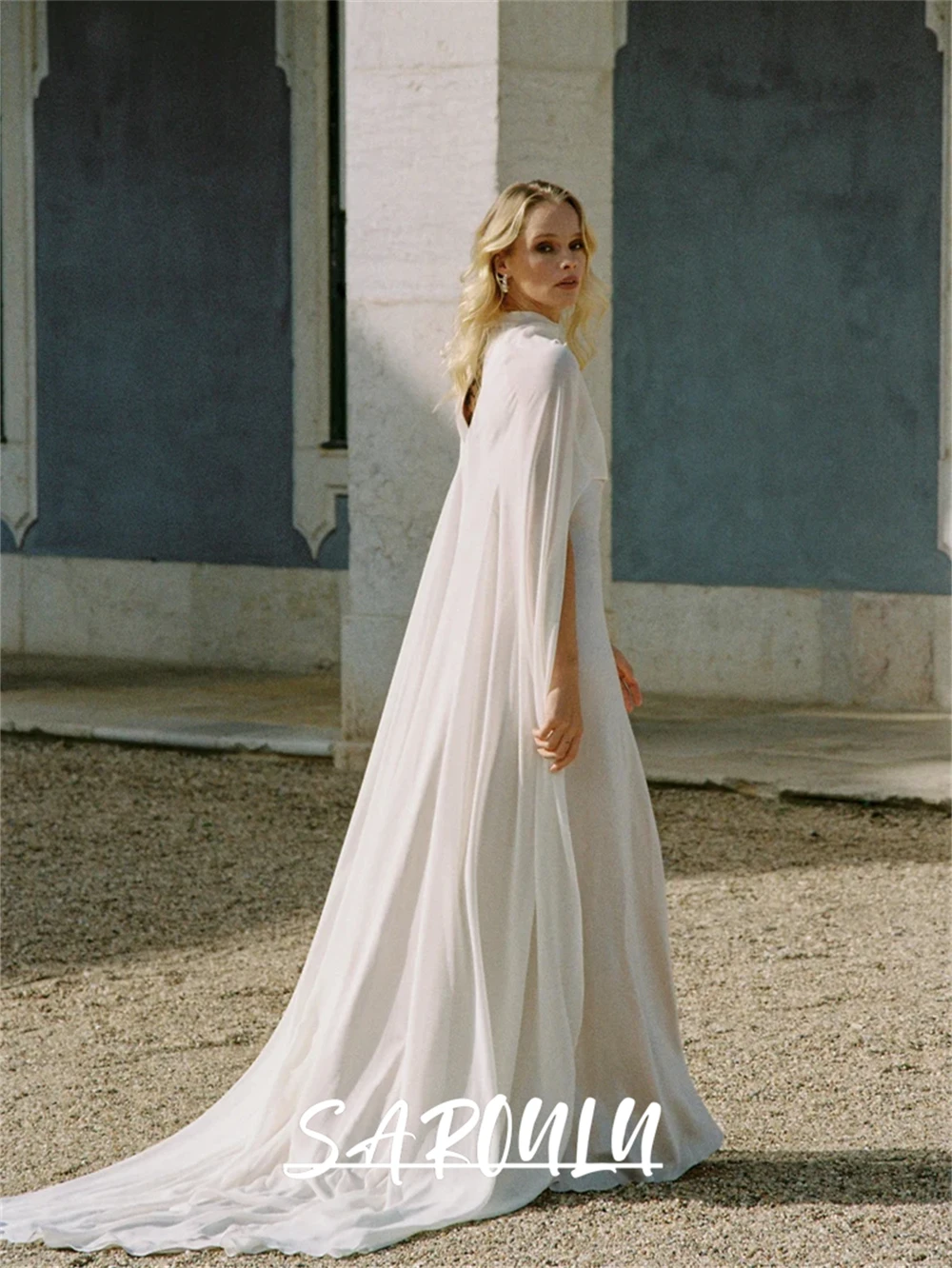 Chiffon Wedding Dress With Shoulder Cape Veil  Cathdral Bride Dresses Minimalist Bridal Dresses Bride Gown