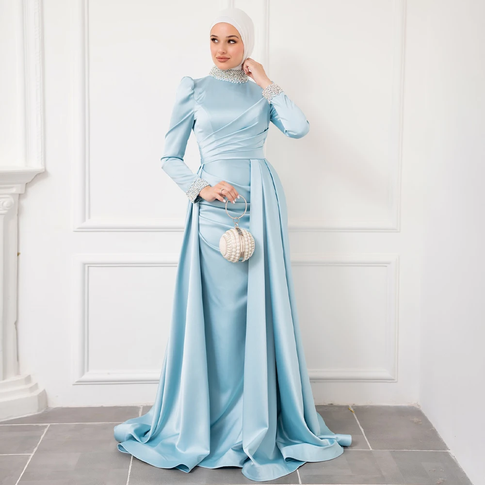 Baby Blue Wedding Guest Dress Long Crystal High Collar Column Formal Party Gowns for Women 2024 Full Sleeves Satin Evening Dress