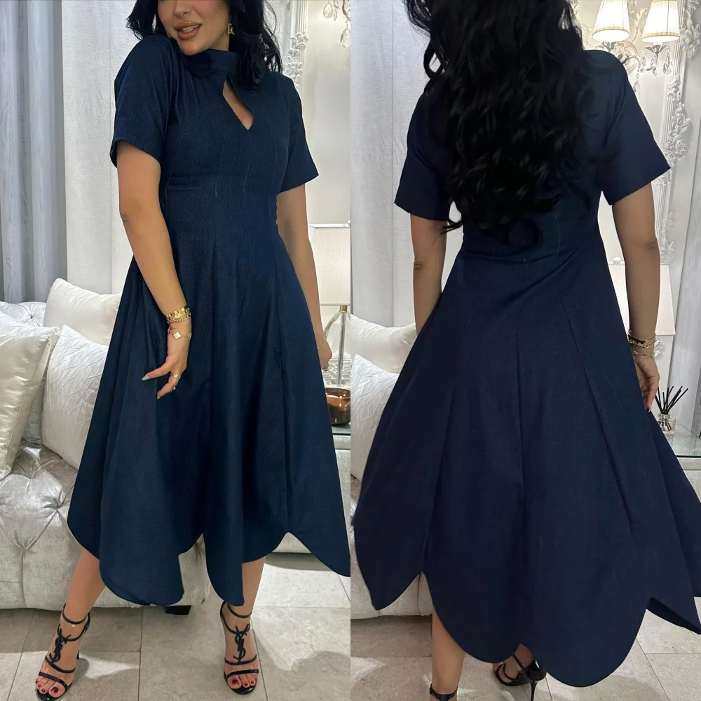 

Customized Jersey Pleat Wedding Party A-line High Collar Bespoke Occasion Gown Midi Dresses