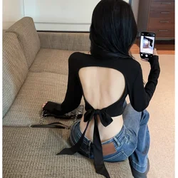 Sexy Street Backless Strappy Long Sleeved T-shirt Spring Autumn Short Pullovers High-waisted Bottoming Shirt Versatile Top