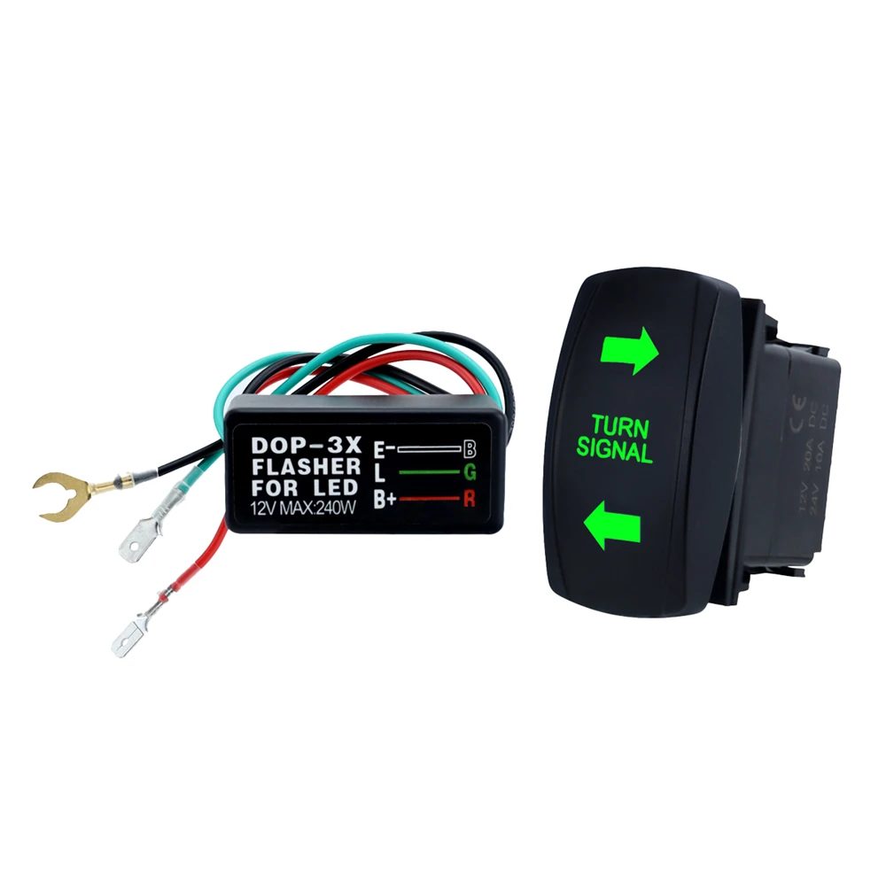 

Universal Turn Signal Rocker Switch (Green LED On/Off/On) + Flasher - For ATV UTV RV Off-Road Vehicle Tractor Boat Motorcycle