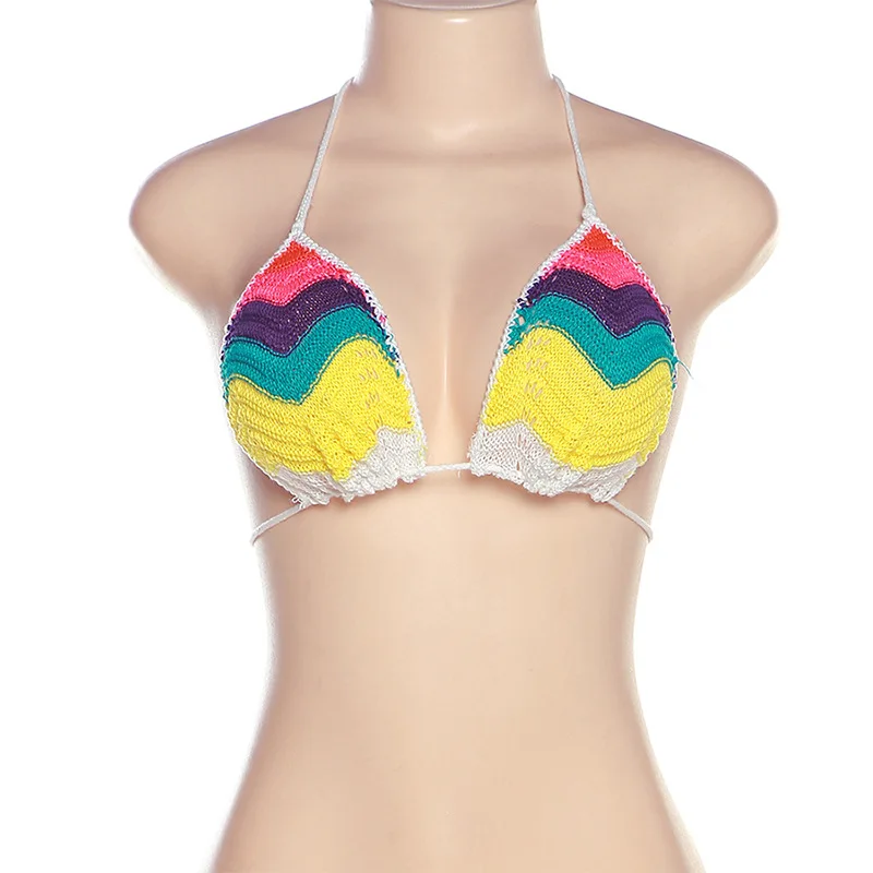 Rainbow Color Knitted Beach Cover Ups for Women 2023 Summer Bikini Top High Waist Skirts Matching Set Sexy Backless 2 Piece Set