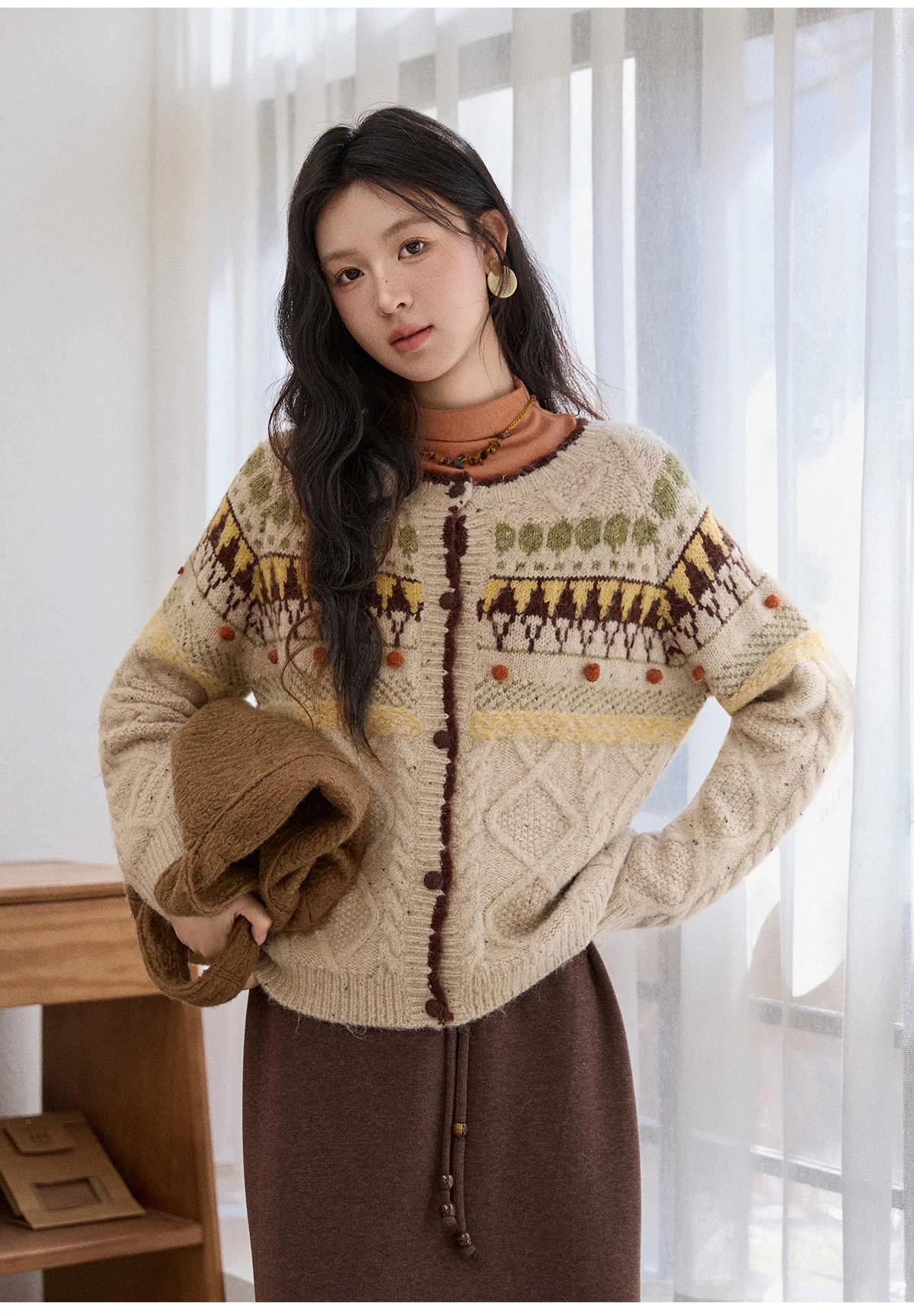 

MISHOW Рождественский жаккардовый свитер Fel Island, зимний вязаный кардиган ручной работы с шерстяными шарами, винтажный вязаный кардиган с жареным тестом MXE91Z2817