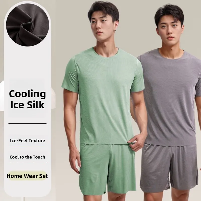 Pijama Masculino de Verão em Seda Gelada, Conjunto de Duas Peças com Camiseta de Manga Curta e Shorts, Estilo Coreano Fino e ...