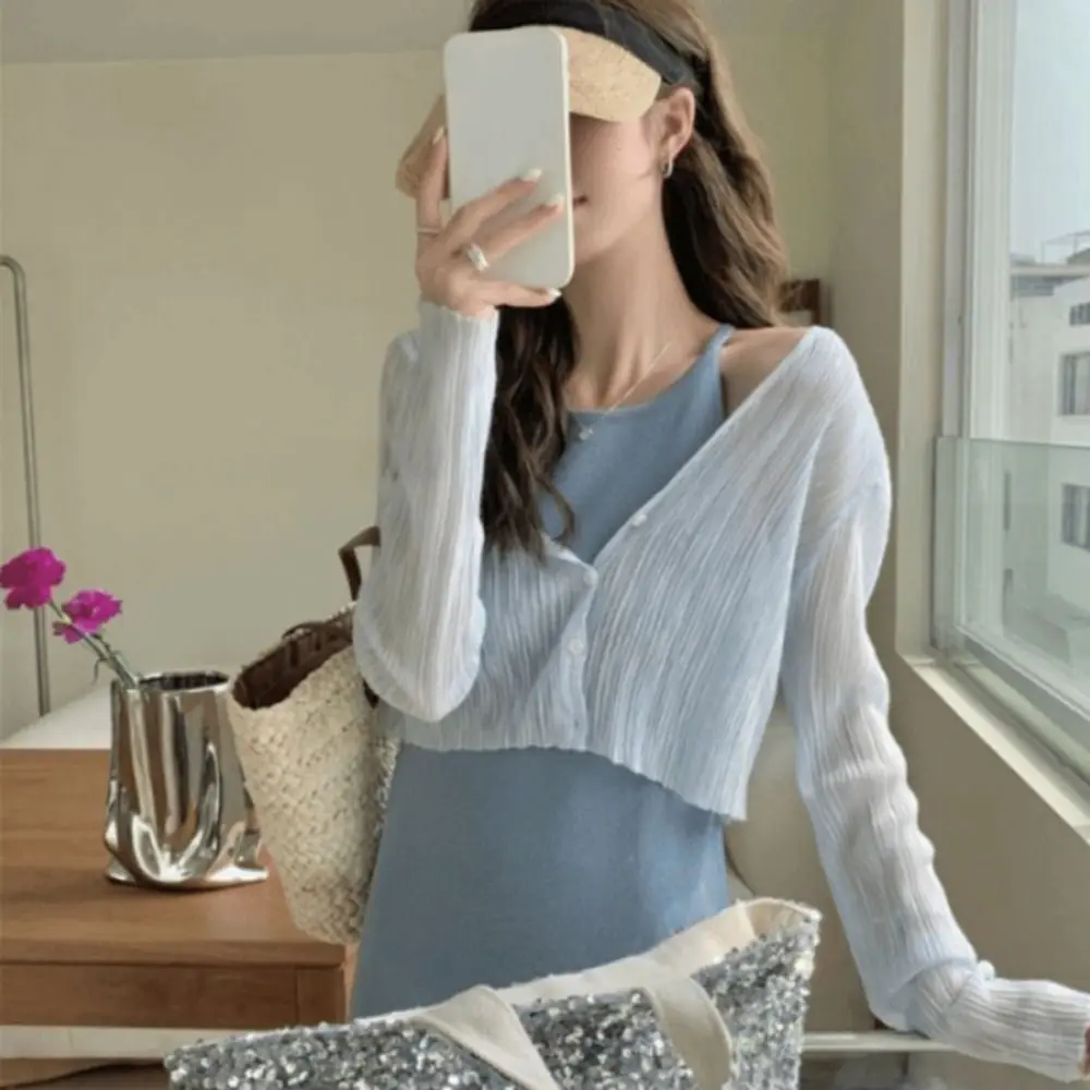

Creative Gift V-Neck Sunscreen Cardigan Casual Breathable Casual Shirt Stretchable Thin Long-Sleeved Solid Blouse Top