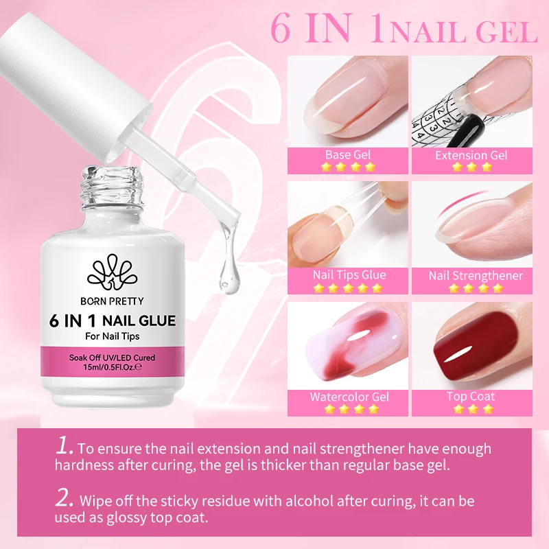 BORN PRETTY 6 IN 1 กาวเล็บเจล 15ML สําหรับเล็บอะคริลิค Soak off Base Gel Top Coat UV Extension เล็บเจลเล็บปลอมเคล็ดลับเจล