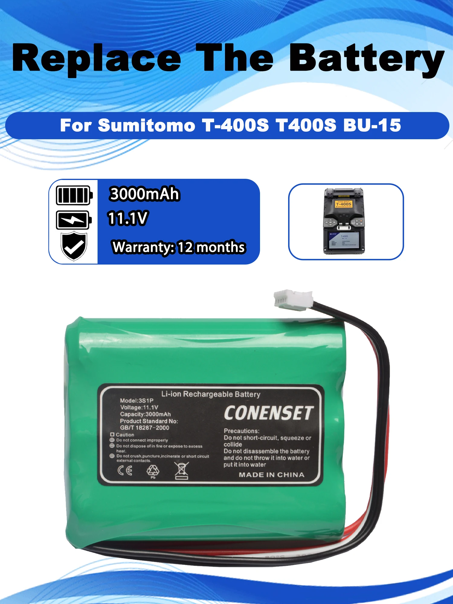 

10.8V 3400mAh Replacement Battery For Sumitomo T-400S T400S BU-15 Fiber optic welding machine