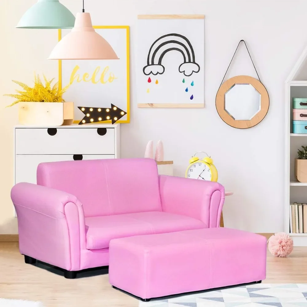 

2 in 1 Double Seat Sofa w/ Footstool Couch, Armrest Chair Lounge w/PU Leather Surface,suitable Boys Girls Birthday Couch
