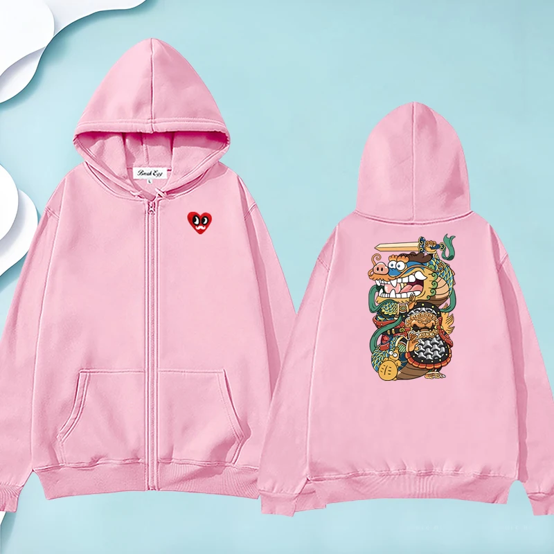 

Japan Door-god Anime Dragon Graphic Women Zipper Hoodie Polyester Red Eyes Beard Heart Embroidery Pocket Loose Spring Sweater
