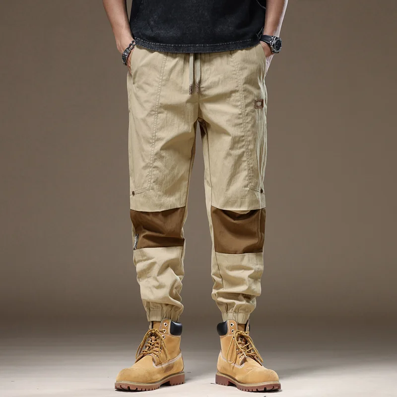 Stitching Overalls Men's High Street Contrast Color Fashion 2024 Summer Trendy All-Match Ankle-Tied Casual Pants