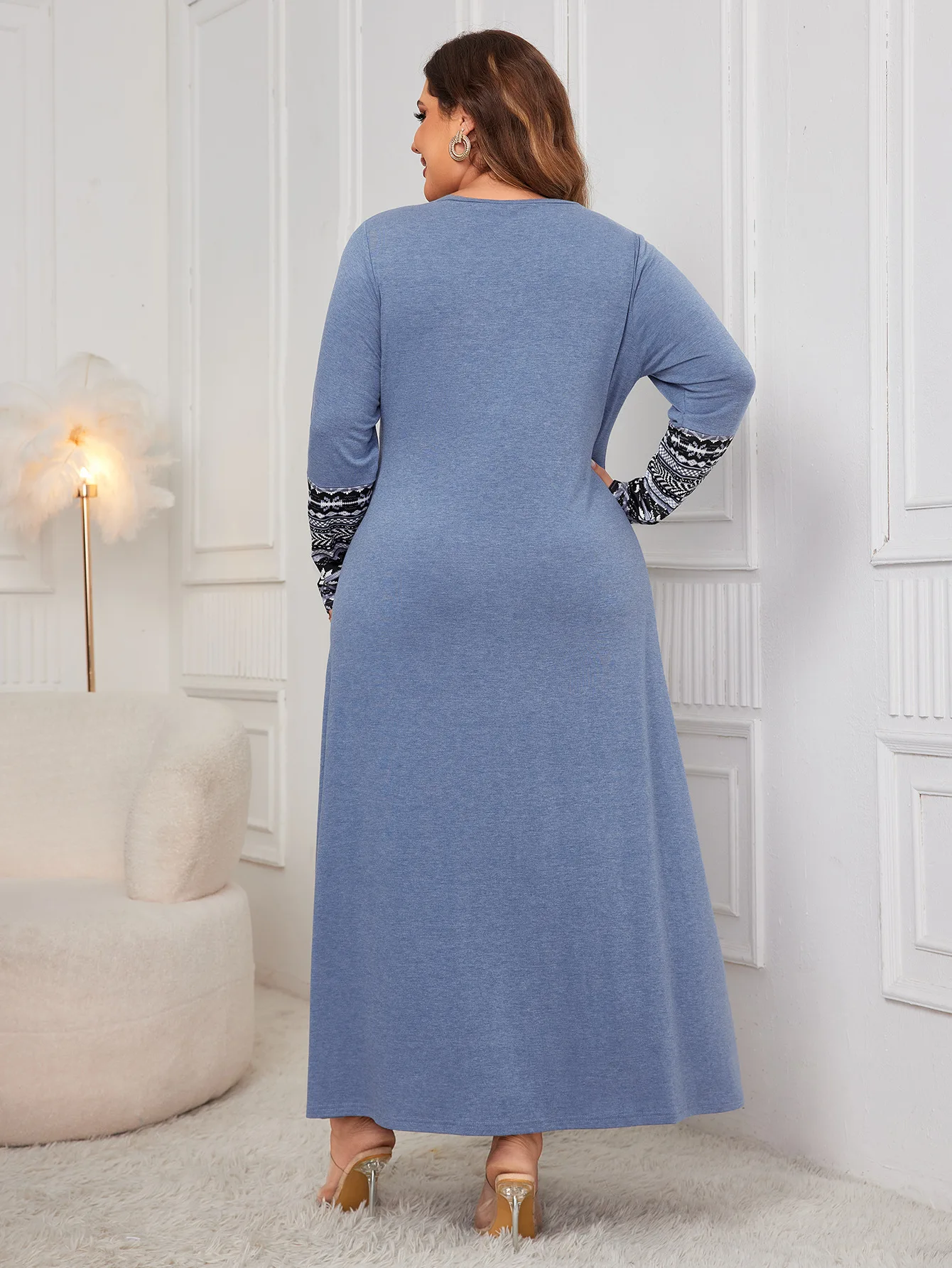 Plus Size Dress For Women 2024 Fashion Elegant Ethnic Print Maxi Dress Long Sleeve Loose Casual Big Size Female Clothing Vestido