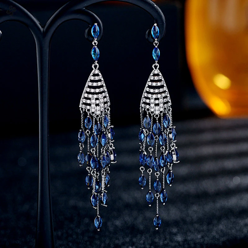 French Jewelry Earrings for Women Evening Dresses Ornament Hand Inlaid Zircon Gems 925 Silver Pins Long Tassel Accessories