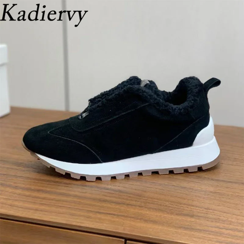 Casual Sneakers For Women Lace Up String Bead Wool Warm Winter Shoes Ladies Cow Suede Running Shoes Flat Sports Shoes Woman