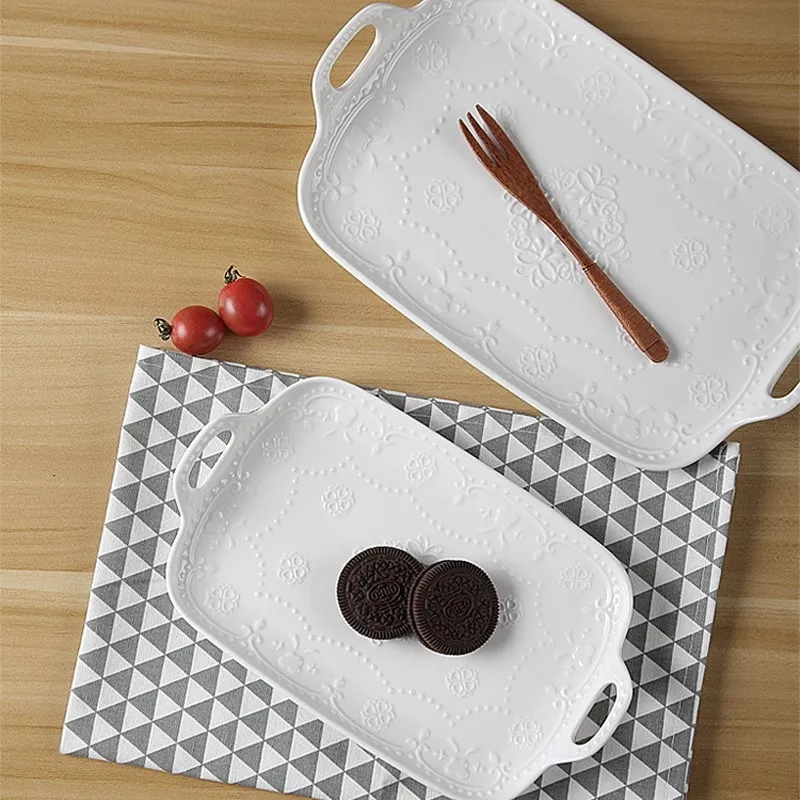 2pcs set,10+12inch, white embossed porcelain square tray with handle, ceramic vintage buffet tray, chafing dish, display plate