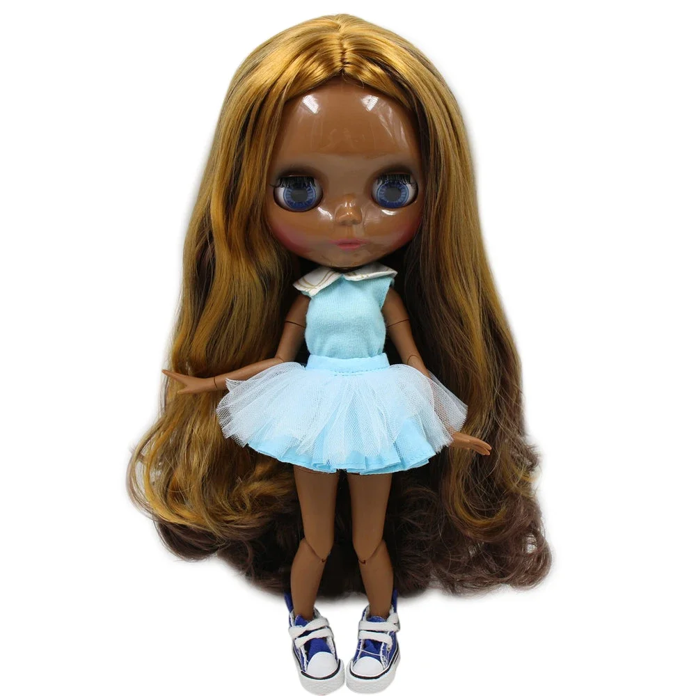 ICY DBS Blyth Doll 30cm Brown Mix Golden Highlights Hair Deep Dark Skin Glossy Face 19 Joints Body Doll Girls Birthday Gifts