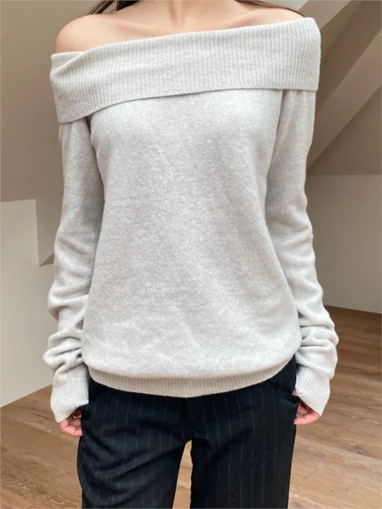 Maglione lavorato a maglia sottile con scollo a barchetta grigio semplice da donna Maglioni casual in cotone a maniche lunghe Maglioni stile dolce preppy vintage Y2K