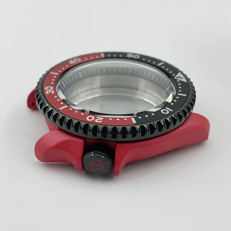 Jam tangan modifikasi bagian 42.3mm dilapisi keramik merah kaca safir aluminium Bezel SKX007/009 casing jam cocok untuk NH35/36 gerakan