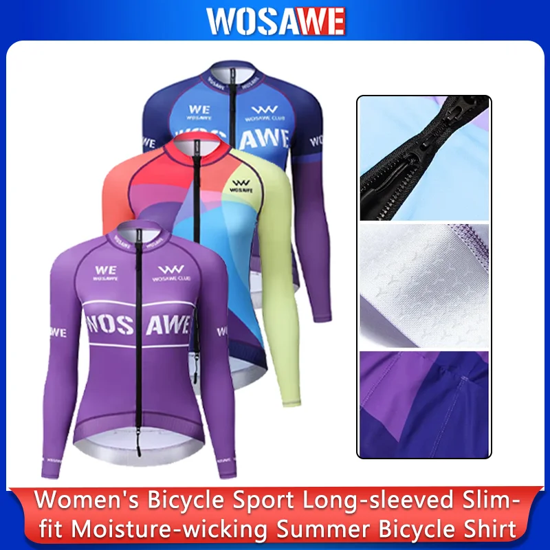 

WOSAWE Women Cycling Jersey Long Sleeve Slim Fit Moisture Wicking Summer Bike Shirt with YKK Double Zipper 3 Rear Pockets